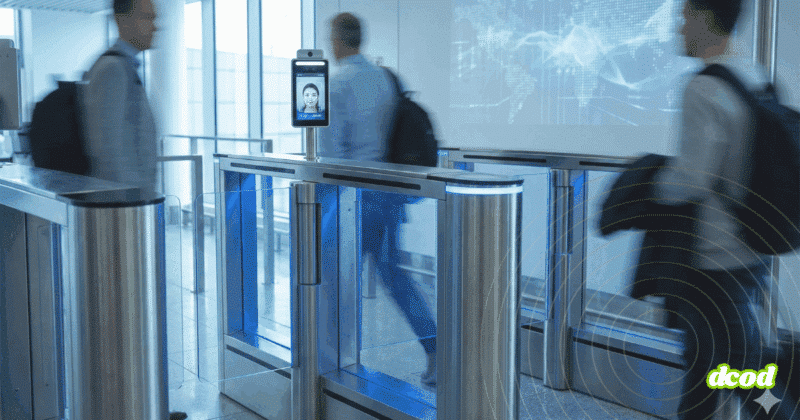 Des passagers flous franchissent des portiques de sécurité automatisés équipés d'écrans de reconnaissance faciale dans un aéroport.