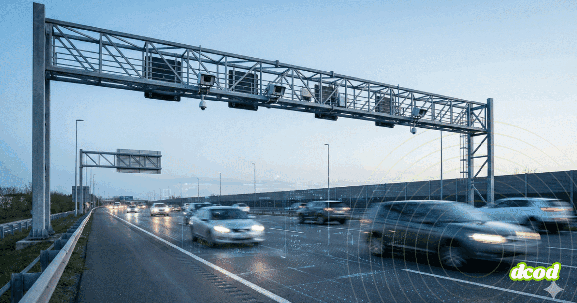 Un portique métallique équipé de caméras et de capteurs surplombe une autoroute à plusieurs voies avec des voitures en mouvement.