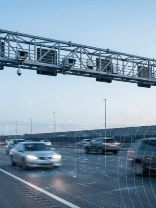 Un portique métallique équipé de caméras et de capteurs surplombe une autoroute à plusieurs voies avec des voitures en mouvement.
