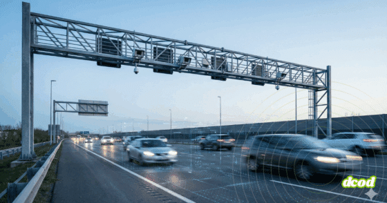 Un portique métallique équipé de caméras et de capteurs surplombe une autoroute à plusieurs voies avec des voitures en mouvement.