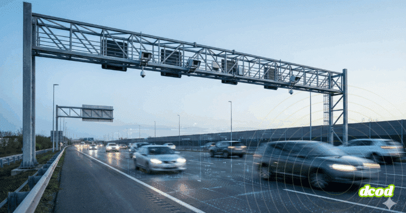 Un portique métallique équipé de caméras et de capteurs surplombe une autoroute à plusieurs voies avec des voitures en mouvement.