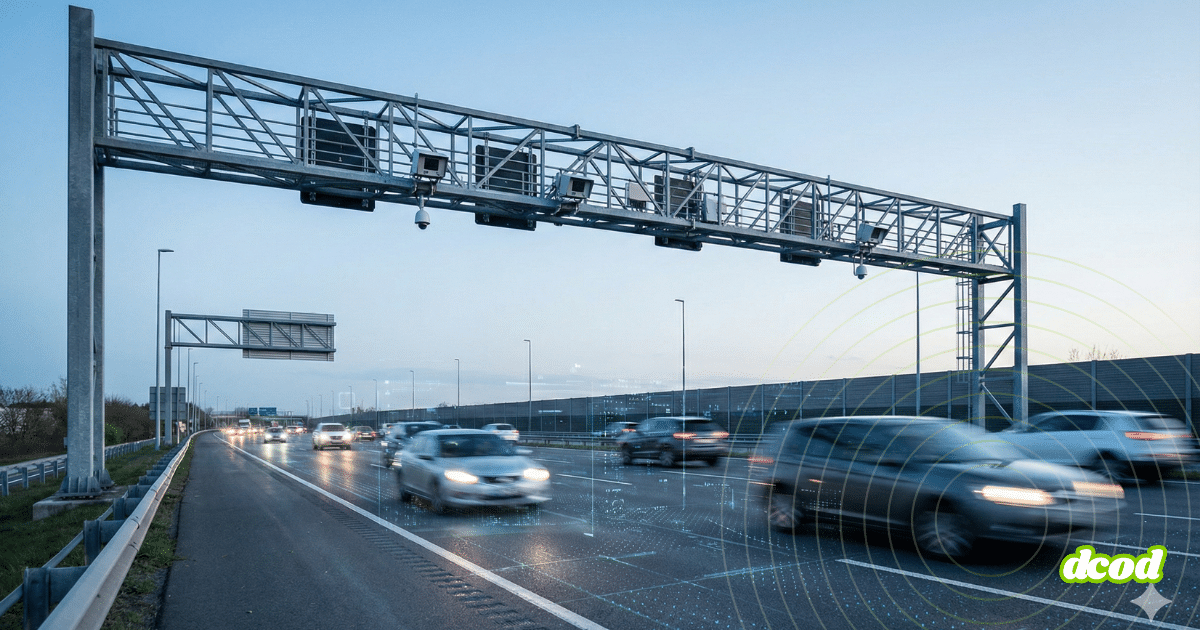 Un portique métallique équipé de caméras et de capteurs surplombe une autoroute à plusieurs voies avec des voitures en mouvement.