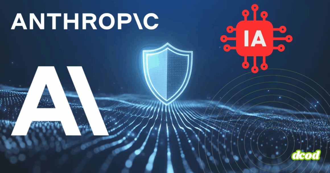 Un bouclier lumineux au centre d’un paysage numérique, entouré du logo Anthropic, d’un pictogramme IA rouge et de lignes représentant le flux de données.