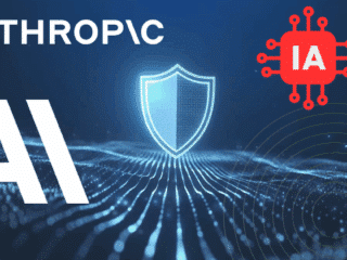 Un bouclier lumineux au centre d’un paysage numérique, entouré du logo Anthropic, d’un pictogramme IA rouge et de lignes représentant le flux de données.