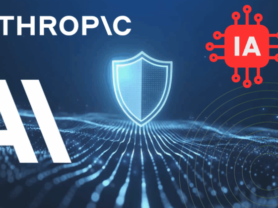 Un bouclier lumineux au centre d’un paysage numérique, entouré du logo Anthropic, d’un pictogramme IA rouge et de lignes représentant le flux de données.