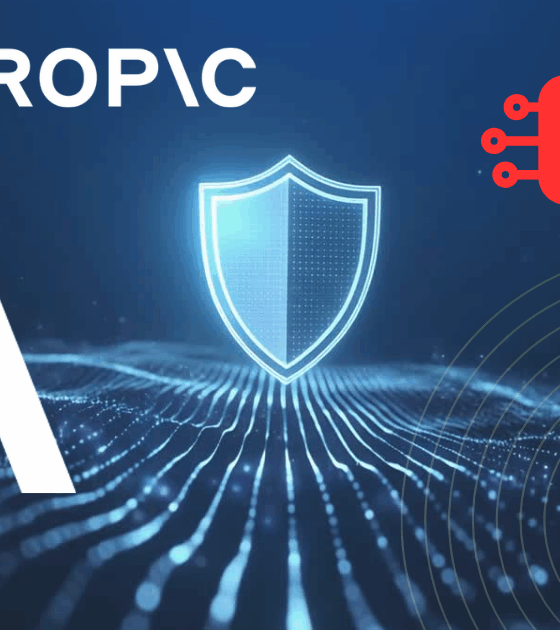 Un bouclier lumineux au centre d’un paysage numérique, entouré du logo Anthropic, d’un pictogramme IA rouge et de lignes représentant le flux de données.