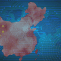 Silhouette rouge de la Chine avec son drapeau intégrée à un réseau de circuits électroniques bleus devant une carte du monde.