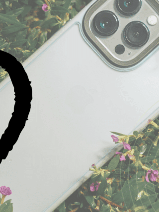 Un smartphone clair partiellement entouré de plantes, recouvert d’un large symbole noir en forme de cercle barré.