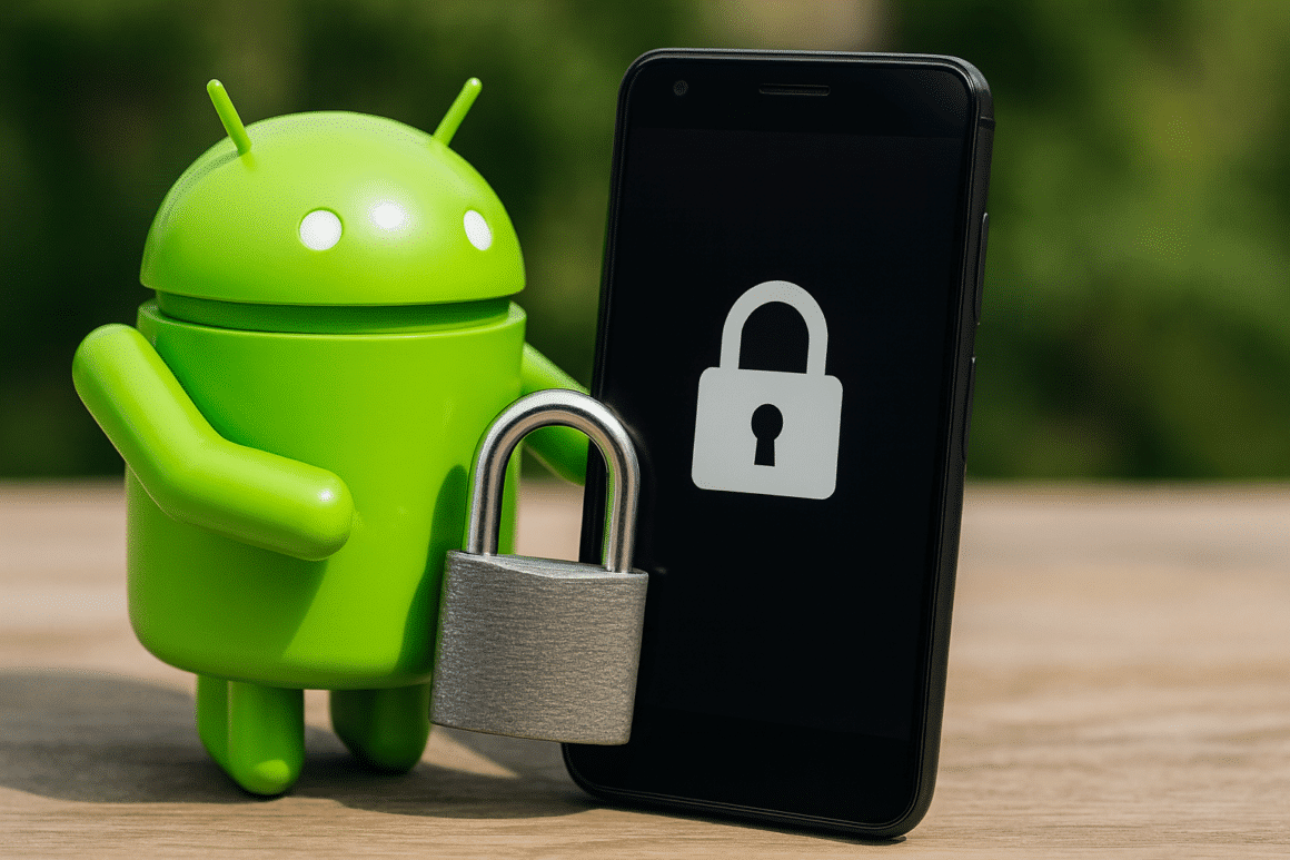 DroidLock : le malware Android qui verrouille votre téléphone et rançonne 7 Mascotte Android verte verrouillant un smartphone avec un cadenas, illustrant un malware qui bloque l’accès au téléphone.