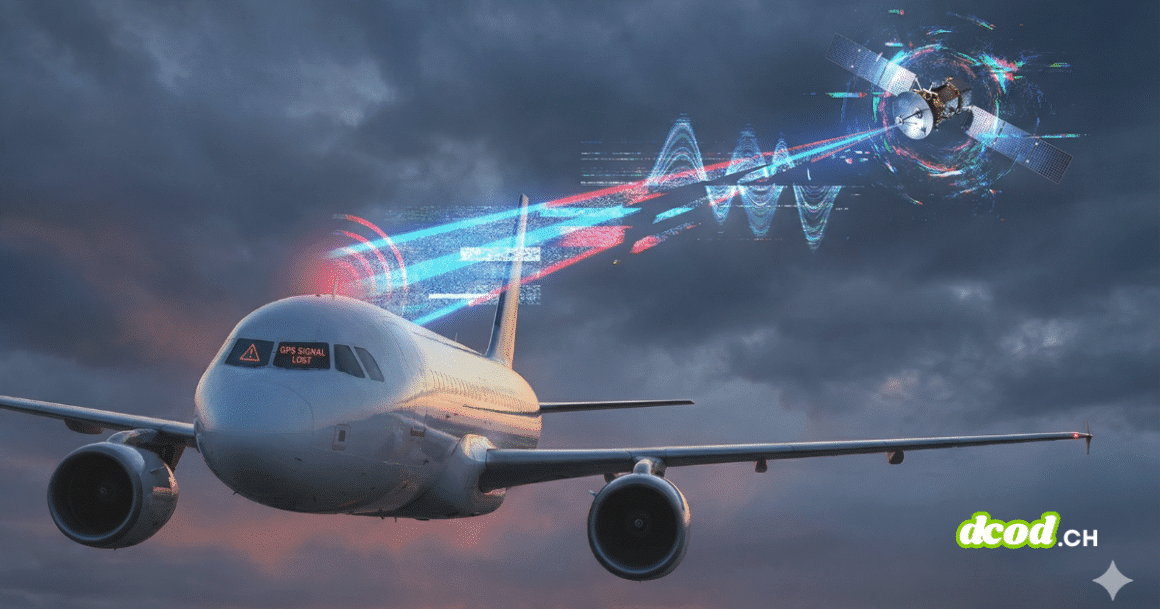 Navigation quantique : l'arme contre le brouillage GPS 7 Illustration photographique au format paysage 16/9 montrant un avion de ligne en vol dans un ciel sombre et nuageux au crépuscule. Un faisceau d'énergie bleu et rouge, fragmenté et déformé par des interférences numériques, connecte l'avion à un satellite en orbite. Un symbole d'avertissement rouge et le texte "GPS SIGNAL LOST" sont projetés au-dessus du cockpit de l'avion.