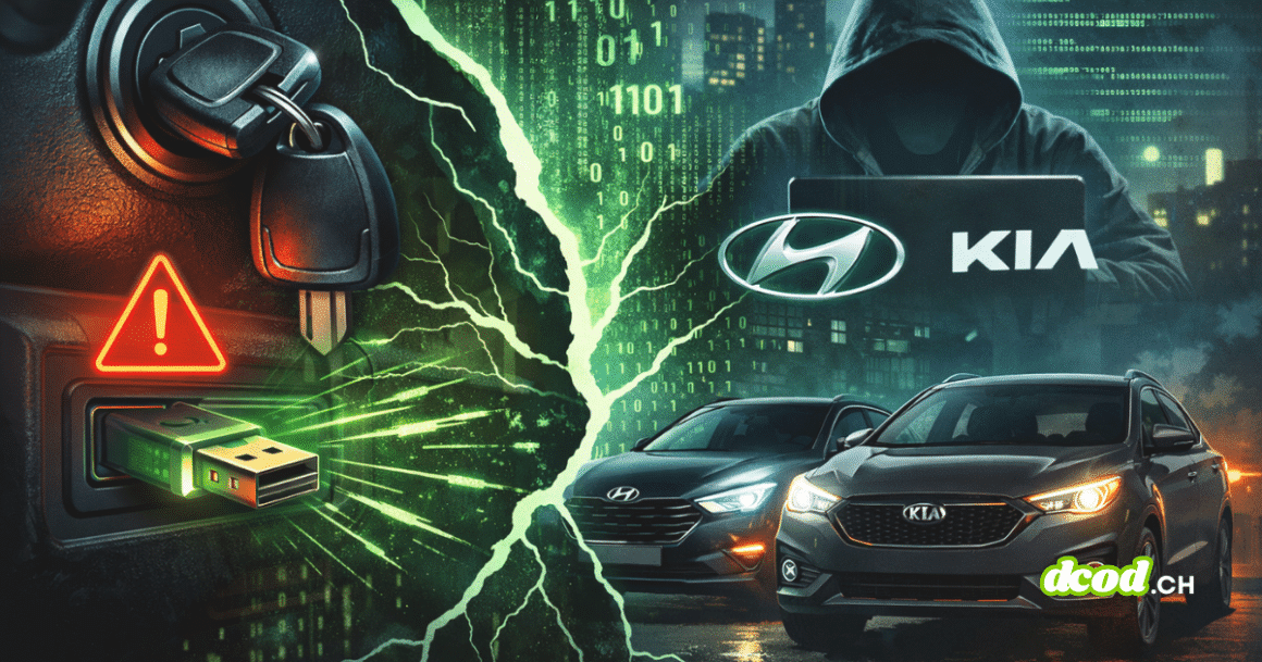 Kia Boyz : la faille USB qui force Hyundai et Kia à dépenser 500 M$ 7 Illustration montrant une voiture Hyundai et une Kia vulnérables à une faille de démarrage exploitée via un câble USB, symbolisant une attaque simple détournant l’absence d’antidémarrage électronique.