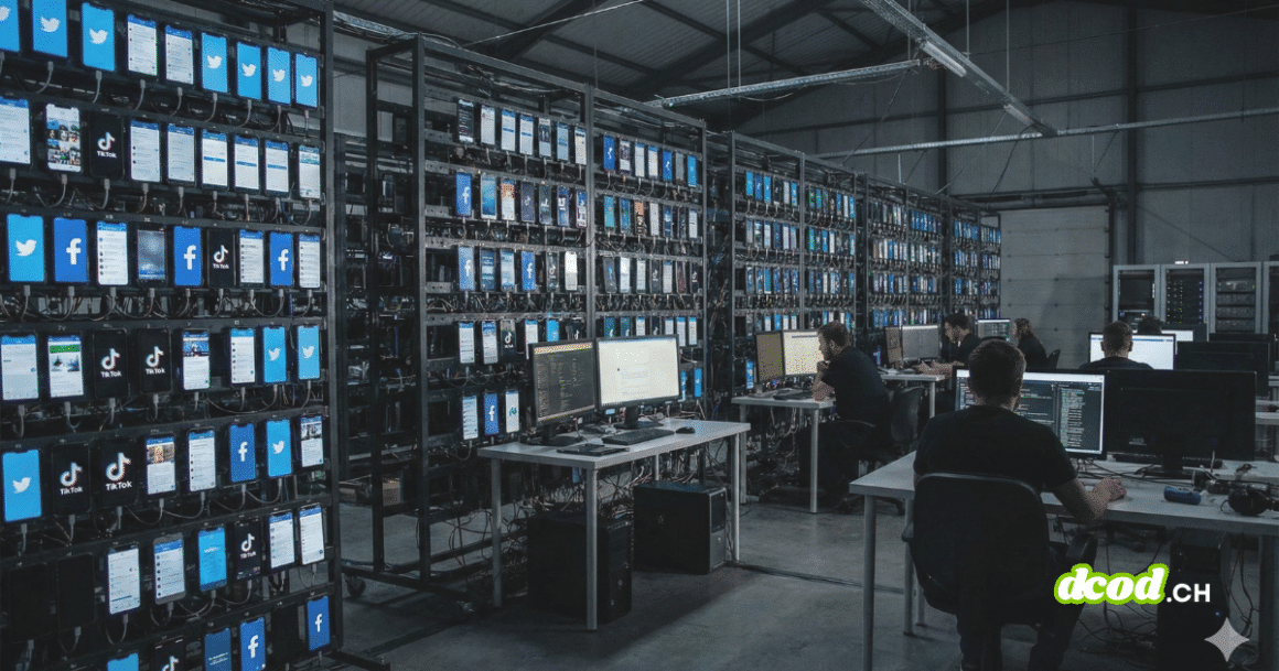Photographie d'illustration au format paysage 16/9 montrant l'intérieur d'un vaste entrepôt sombre. Des centaines de smartphones sont alignés sur des racks métalliques, leurs écrans allumés affichant des applications de réseaux sociaux comme Facebook, TikTok et Twitter. Au premier plan et en arrière-plan, des personnes sont assises devant des postes de travail équipés d'ordinateurs, surveillant et contrôlant l'activité des téléphones. L'ambiance est industrielle et technologique, illustrant une opération d'influence numérique à grande échelle.