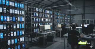 Photographie d'illustration au format paysage 16/9 montrant l'intérieur d'un vaste entrepôt sombre. Des centaines de smartphones sont alignés sur des racks métalliques, leurs écrans allumés affichant des applications de réseaux sociaux comme Facebook, TikTok et Twitter. Au premier plan et en arrière-plan, des personnes sont assises devant des postes de travail équipés d'ordinateurs, surveillant et contrôlant l'activité des téléphones. L'ambiance est industrielle et technologique, illustrant une opération d'influence numérique à grande échelle.