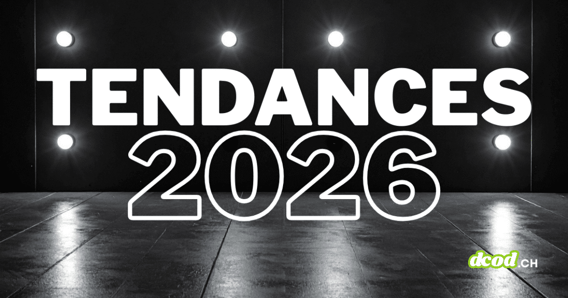 Le texte « Tendances 2026 » en grandes lettres blanches, affiché sur un fond sombre évoquant une scène ou un décor minimaliste éclairé.