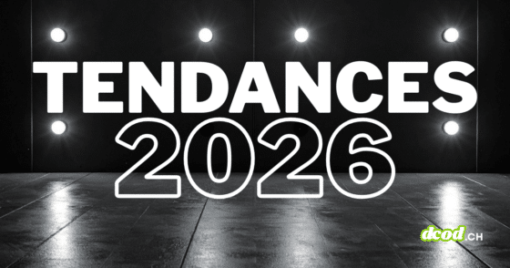 Le texte « Tendances 2026 » en grandes lettres blanches, affiché sur un fond sombre évoquant une scène ou un décor minimaliste éclairé.