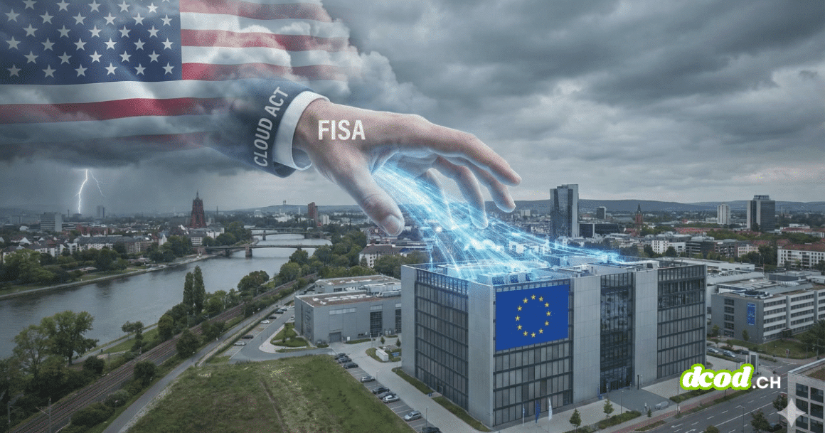 Illustration conceptuelle montrant une main géante émergeant d'un nuage aux couleurs du drapeau américain, avec les mentions 'CLOUD ACT' et 'FISA' sur la manche. La main aspire des flux de données lumineuses d'un centre de données situé dans une ville européenne et arborant le drapeau de l'Union Européenne, sous un ciel d'orage.