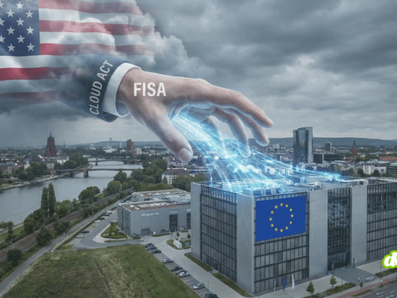 Illustration conceptuelle montrant une main géante émergeant d'un nuage aux couleurs du drapeau américain, avec les mentions 'CLOUD ACT' et 'FISA' sur la manche. La main aspire des flux de données lumineuses d'un centre de données situé dans une ville européenne et arborant le drapeau de l'Union Européenne, sous un ciel d'orage.