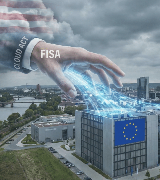Illustration conceptuelle montrant une main géante émergeant d'un nuage aux couleurs du drapeau américain, avec les mentions 'CLOUD ACT' et 'FISA' sur la manche. La main aspire des flux de données lumineuses d'un centre de données situé dans une ville européenne et arborant le drapeau de l'Union Européenne, sous un ciel d'orage.