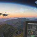 Photographie d'illustration au format paysage 16/9 montrant un drone volant au-dessus de montagnes au coucher du soleil. Un signal graphique relie le drone à un satellite en orbite terrestre, illustrant le pilotage via GPS. Un écran de contrôle affichant des données GPS et une carte est visible au premier plan.