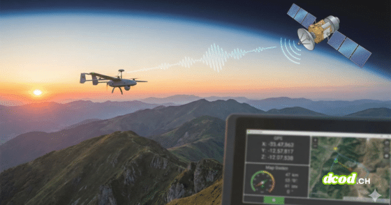 Photographie d'illustration au format paysage 16/9 montrant un drone volant au-dessus de montagnes au coucher du soleil. Un signal graphique relie le drone à un satellite en orbite terrestre, illustrant le pilotage via GPS. Un écran de contrôle affichant des données GPS et une carte est visible au premier plan.