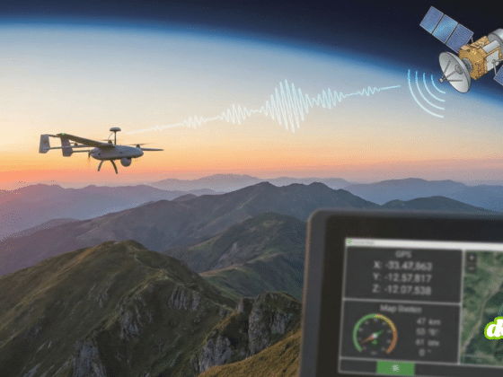 Photographie d'illustration au format paysage 16/9 montrant un drone volant au-dessus de montagnes au coucher du soleil. Un signal graphique relie le drone à un satellite en orbite terrestre, illustrant le pilotage via GPS. Un écran de contrôle affichant des données GPS et une carte est visible au premier plan.