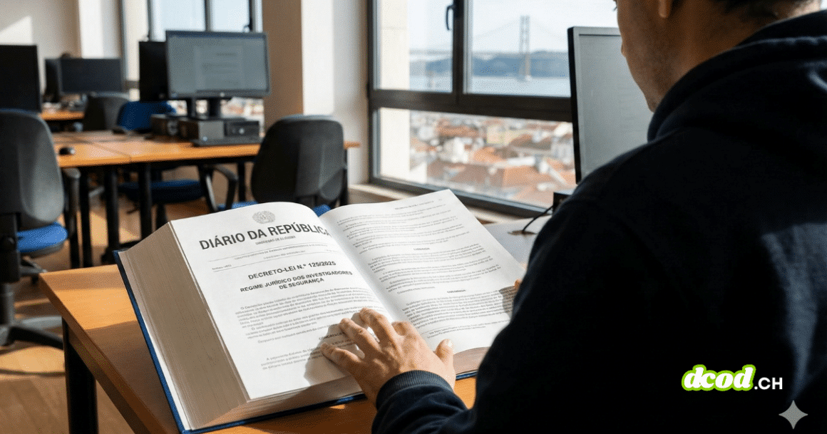 Un homme vu de dos, vêtu d'un sweat-shirt à capuche bleu marine, est assis à un bureau et lit un grand livre ouvert. Le livre est le "DIÁRIO DA REPÚBLICA" (Journal Officiel portugais), et la page de droite présente le titre "DECRETO-LEI N.º 125/2023 - REGIME JURÍDICO DOS INVESTIGADORES DE SEGURANÇA". Sa main est posée sur les pages. La scène se déroule dans un bureau ou une salle informatique avec des ordinateurs de bureau inoccupés. Par une grande fenêtre en arrière-plan, on aperçoit une vue panoramique de Lisbonne et le pont du 25 Avril sous un ciel clair.