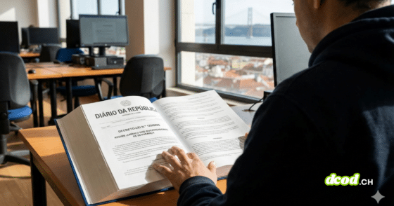 Un homme vu de dos, vêtu d'un sweat-shirt à capuche bleu marine, est assis à un bureau et lit un grand livre ouvert. Le livre est le "DIÁRIO DA REPÚBLICA" (Journal Officiel portugais), et la page de droite présente le titre "DECRETO-LEI N.º 125/2023 - REGIME JURÍDICO DOS INVESTIGADORES DE SEGURANÇA". Sa main est posée sur les pages. La scène se déroule dans un bureau ou une salle informatique avec des ordinateurs de bureau inoccupés. Par une grande fenêtre en arrière-plan, on aperçoit une vue panoramique de Lisbonne et le pont du 25 Avril sous un ciel clair.