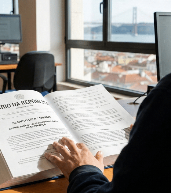 Un homme vu de dos, vêtu d'un sweat-shirt à capuche bleu marine, est assis à un bureau et lit un grand livre ouvert. Le livre est le "DIÁRIO DA REPÚBLICA" (Journal Officiel portugais), et la page de droite présente le titre "DECRETO-LEI N.º 125/2023 - REGIME JURÍDICO DOS INVESTIGADORES DE SEGURANÇA". Sa main est posée sur les pages. La scène se déroule dans un bureau ou une salle informatique avec des ordinateurs de bureau inoccupés. Par une grande fenêtre en arrière-plan, on aperçoit une vue panoramique de Lisbonne et le pont du 25 Avril sous un ciel clair.
