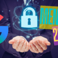 Logo Google à côté d’un cadenas numérique lumineux, au-dessus de mains ouvertes, avec le texte « Menaces 2026 » évoquant les enjeux de sécurité.