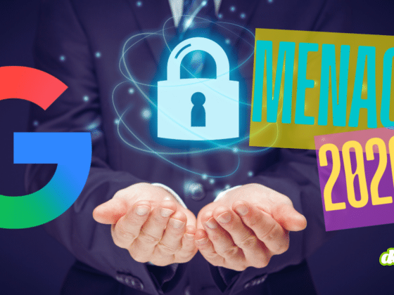 Logo Google à côté d’un cadenas numérique lumineux, au-dessus de mains ouvertes, avec le texte « Menaces 2026 » évoquant les enjeux de sécurité.
