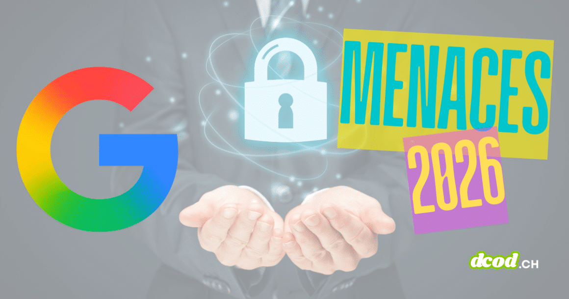 Logo Google à côté d’un cadenas numérique lumineux, au-dessus de mains ouvertes, avec le texte « Menaces 2026 » évoquant les enjeux de sécurité.