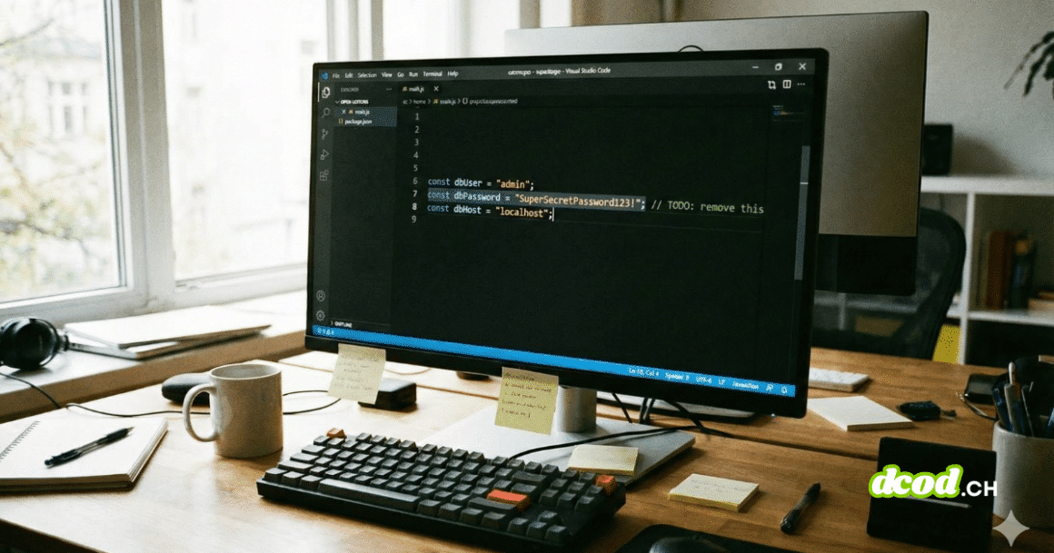 Une photographie d'un bureau de travail en bois avec un ordinateur de bureau affichant un éditeur de code.