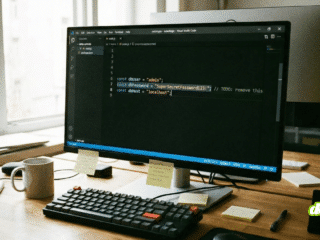 Une photographie d'un bureau de travail en bois avec un ordinateur de bureau affichant un éditeur de code.