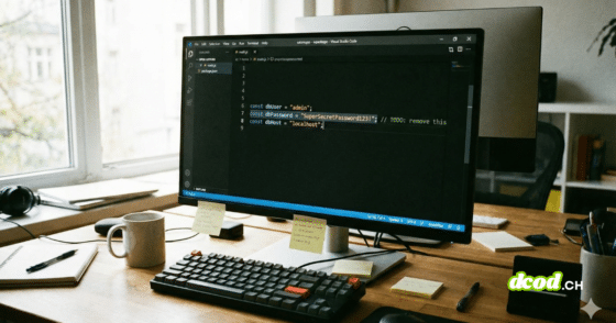 Une photographie d'un bureau de travail en bois avec un ordinateur de bureau affichant un éditeur de code.