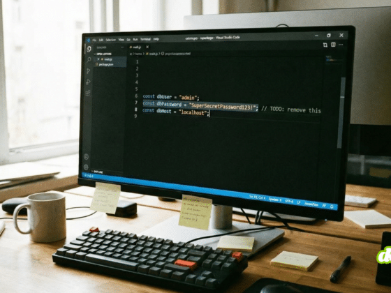 Une photographie d'un bureau de travail en bois avec un ordinateur de bureau affichant un éditeur de code.