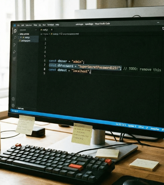 Une photographie d'un bureau de travail en bois avec un ordinateur de bureau affichant un éditeur de code.