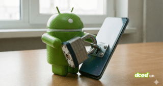 Une figurine de la mascotte Android verte en plastique est représentée, "verrouillant" un smartphone moderne éteint avec un gros cadenas métallique. L'image symbolise la sécurité et la protection des données sur les appareils mobiles.