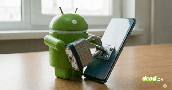 Une figurine de la mascotte Android verte en plastique est représentée, "verrouillant" un smartphone moderne éteint avec un gros cadenas métallique. L'image symbolise la sécurité et la protection des données sur les appareils mobiles.