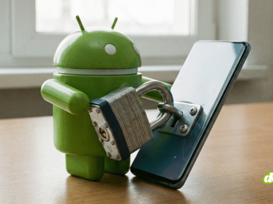 Une figurine de la mascotte Android verte en plastique est représentée, "verrouillant" un smartphone moderne éteint avec un gros cadenas métallique. L'image symbolise la sécurité et la protection des données sur les appareils mobiles.