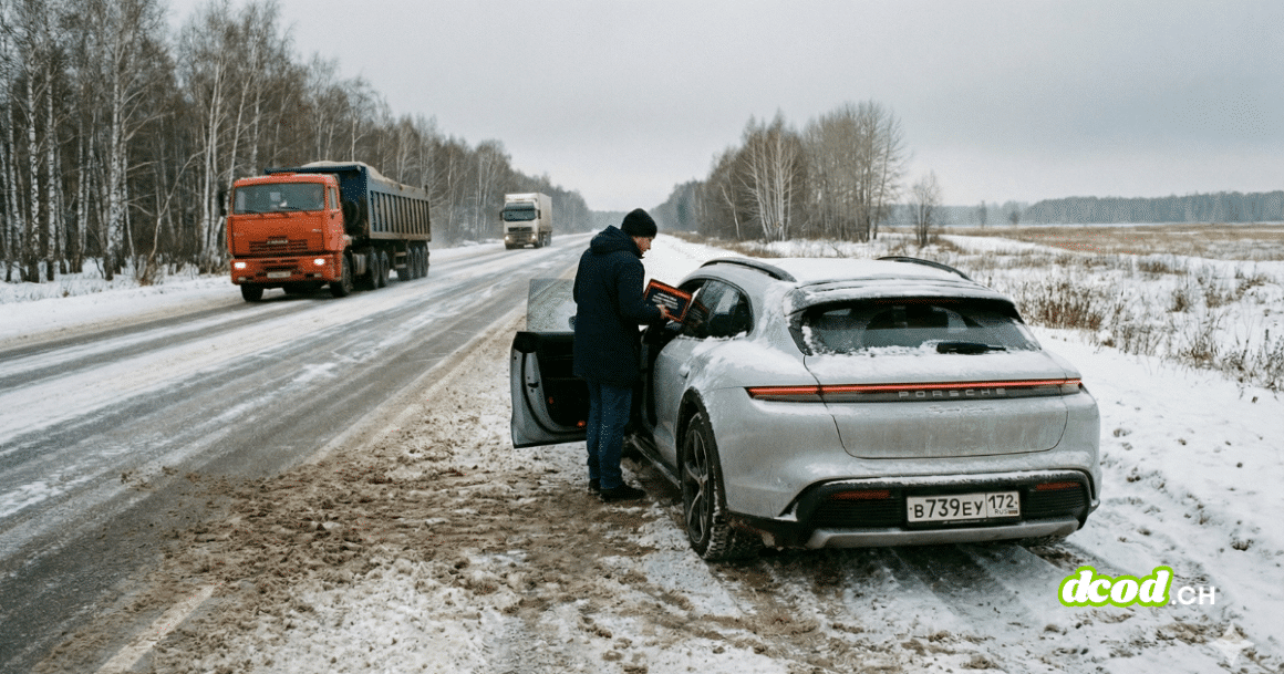 Un homme en manteau foncé et bonnet noir se tient à côté de la portière conducteur ouverte d'une Porsche Taycan grise, garée sur le bas-côté enneigé d'une route de campagne en hiver. La voiture porte une plaque d'immatriculation russe. Un camion orange et un autre véhicule circulent sur la route mouillée et couverte de boue au second plan. La scène est entourée d'une forêt d'arbres dénudés sous un ciel gris.