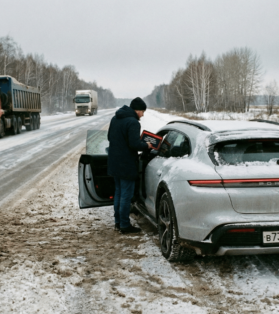 Un homme en manteau foncé et bonnet noir se tient à côté de la portière conducteur ouverte d'une Porsche Taycan grise, garée sur le bas-côté enneigé d'une route de campagne en hiver. La voiture porte une plaque d'immatriculation russe. Un camion orange et un autre véhicule circulent sur la route mouillée et couverte de boue au second plan. La scène est entourée d'une forêt d'arbres dénudés sous un ciel gris.