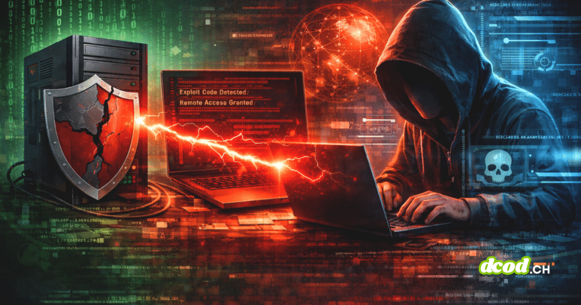 Illustration en format paysage montrant une attaque informatique à distance, avec un système compromis et un attaquant exploitant une vulnérabilité pour exécuter du code malveillant à distance.