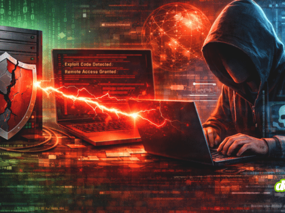 Illustration en format paysage montrant une attaque informatique à distance, avec un système compromis et un attaquant exploitant une vulnérabilité pour exécuter du code malveillant à distance.