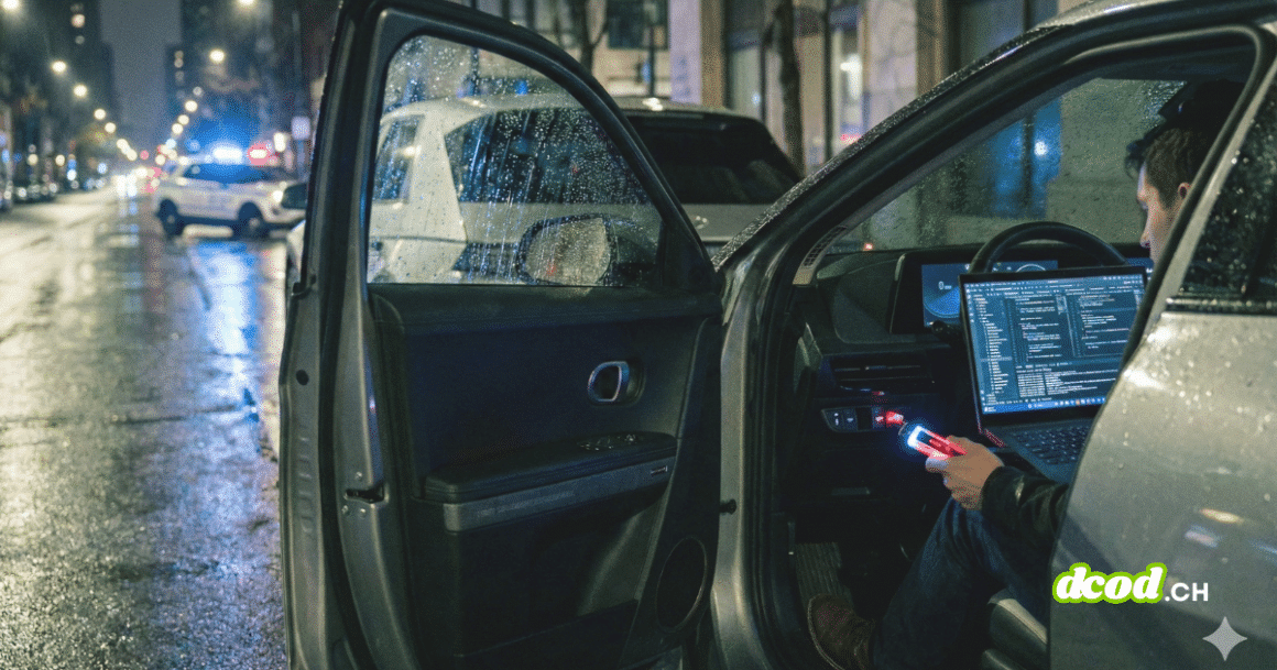Image nocturne montrant une personne à l'intérieur d'une Hyundai Ioniq 5, connectant un appareil à un ordinateur portable affichant du code. Une Kia EV6 est garée juste devant, et une voiture de police est visible en arrière-plan sur une rue mouillée. Cette scène illustre le problème de la faille de sécurité USB affectant certains véhicules Hyundai et Kia.