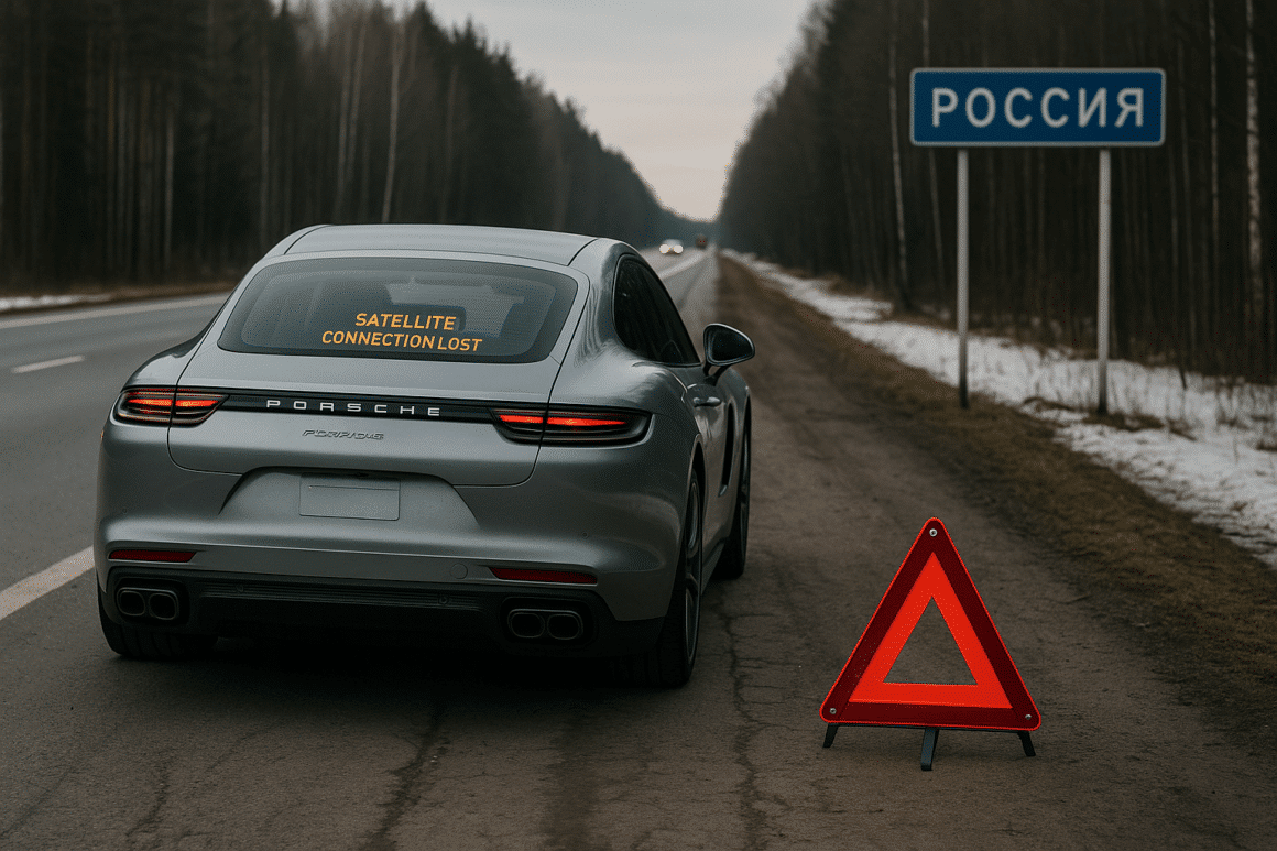 Porsche moderne arrêtée sur le bas-côté d’une route en Russie, triangle de signalisation au premier plan et panneau « Russie » en arrière-plan, illustrant une panne liée à la perte de connexion du système de suivi.