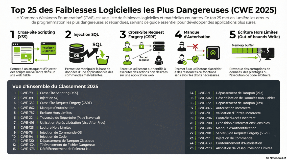Infographie Top 25 Faiblesses Logicielles 2025 CWE (MITRE)