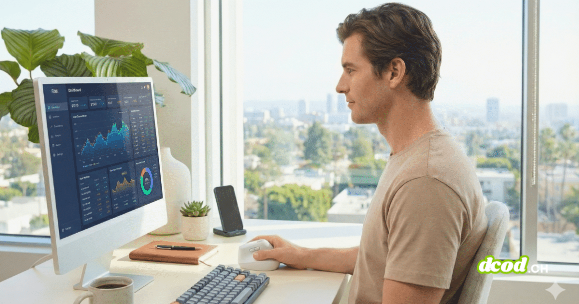 Un homme dans un bureau moderne et lumineux utilise une souris ergonomique verticale Logitech Lift blanche de la main droite tout en regardant des graphiques financiers et des tableaux de bord sur un écran iMac. Son bureau comprend également un clavier mécanique, une tasse de café, une plante en pot, un carnet et un support de téléphone. Une grande baie vitrée offre une vue panoramique sur la ville.