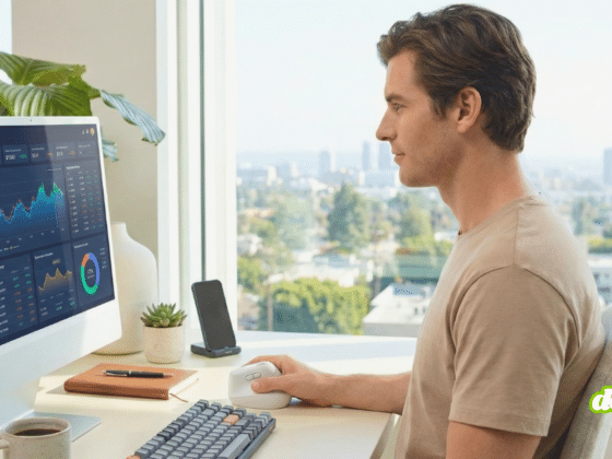 Un homme dans un bureau moderne et lumineux utilise une souris ergonomique verticale Logitech Lift blanche de la main droite tout en regardant des graphiques financiers et des tableaux de bord sur un écran iMac. Son bureau comprend également un clavier mécanique, une tasse de café, une plante en pot, un carnet et un support de téléphone. Une grande baie vitrée offre une vue panoramique sur la ville.