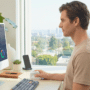 Un homme dans un bureau moderne et lumineux utilise une souris ergonomique verticale Logitech Lift blanche de la main droite tout en regardant des graphiques financiers et des tableaux de bord sur un écran iMac. Son bureau comprend également un clavier mécanique, une tasse de café, une plante en pot, un carnet et un support de téléphone. Une grande baie vitrée offre une vue panoramique sur la ville.