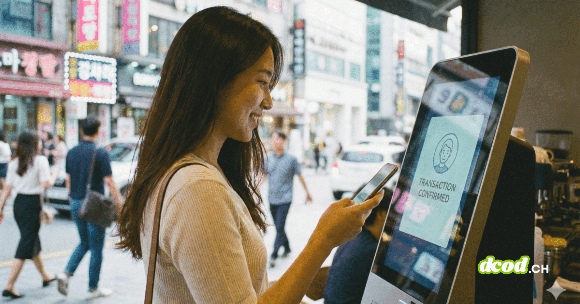 Photographie montrant une jeune femme asiatique souriante dans une rue urbaine en Corée du Sud. Elle se tient devant un terminal de paiement électronique dont l'écran affiche "TRANSACTION CONFIRMED" et une icône de visage, indiquant une validation réussie par une technologie de biométrie faciale. D'autres passants et des enseignes en hangul sont visibles en arrière-plan.
